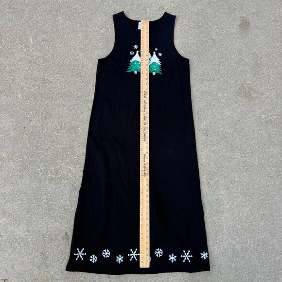 Vintage 90s Westbound Christmas Trees Snowflakes Embroidered Long Black Dress S - Picture 10 of 10